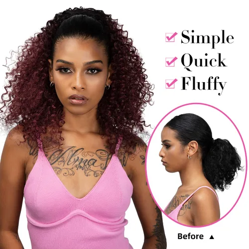 Vista 5 de Extensiones de cabello rizado con cordón para mujeres negras, 16 pulgadas de largo, sintético, afro, esponjoso, en capas, extensión de cola