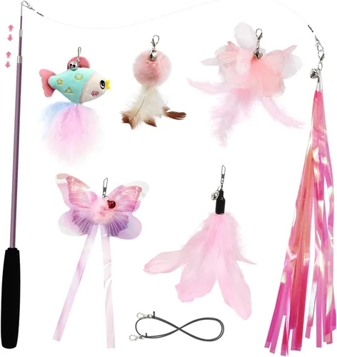 Vista 9 de SONGWAY Juguetes de varita para gatos de interior, juego de juguetes para gatos con varita retráctil y 6 recambios de juguetes de plumas, juguetes