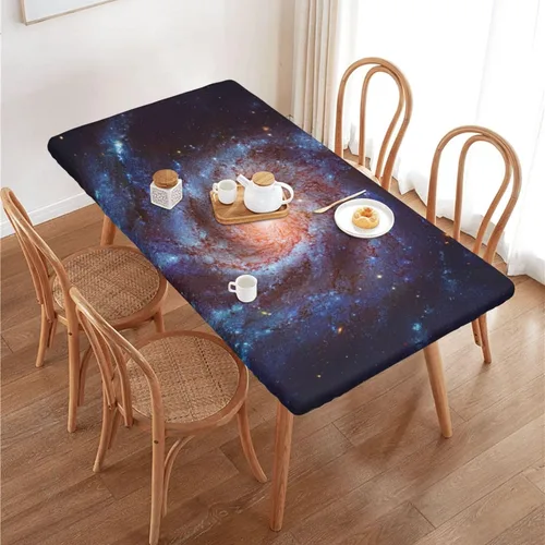 Vista 37 de Fiokroo Mantel de Flores de Crisantemo Azul, Amarillo y Azul Marino con Borde Elástico, Mantel Redondo Lavable y Reutilizable Cubierta de Mesa