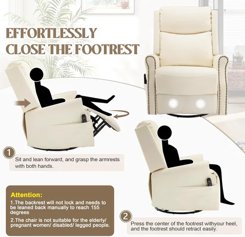 Vista 6 de Faux Leather Manual Swivel Rocker Recliner Chair, Vibration Massage, Beige