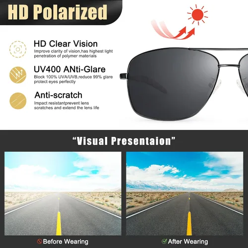 Vista 6 de Peekaco Gafas de sol polarizadas cuadradas estilo aviador para hombres y mujeres marco de metal completo estilo piloto para pesca y conducción