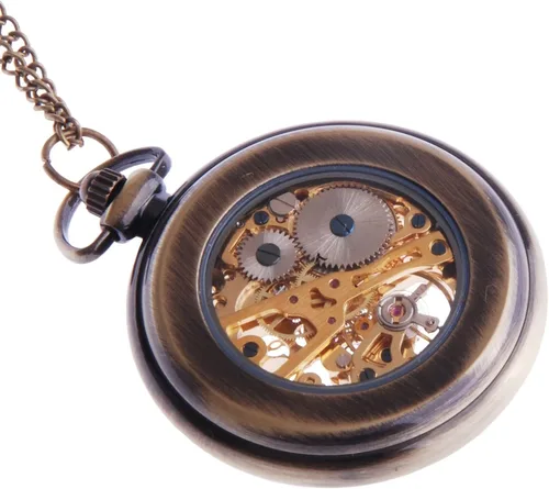 Vista 2 de ShoppeWatch Reloj de bolsillo mecánico de viento de mano estilo steampunk de cara abierta con cadena - PW12, Mecánico