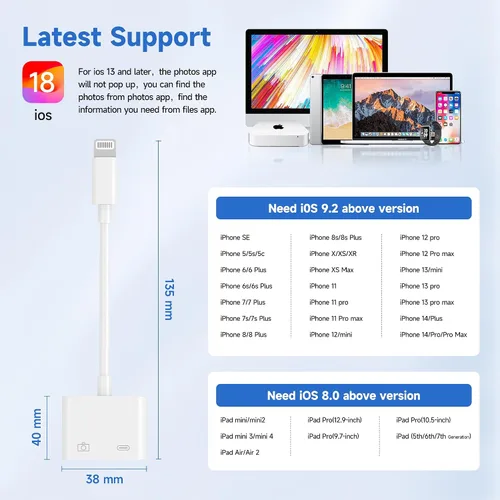 Vista 6 de [Certificado MFi de Apple] Adaptador de cámara Lightning a USB con puerto de carga, cable OTG portátil USB3.0 hembra para iPad para conectar lector