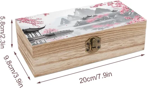 Vista 2 de Cherry Blossom Pavilion Wooden Storage Box with Hinged Lock,Decorative Handmade Keepsake Jewelry Chest, Elegant Retro Decor Boxes, Compact Organizer