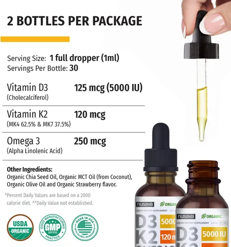 Vista 9 de NUSAVA Paquete de gotas líquidas D3 K2 con sabor a fresa y gotas líquidas D3 K2 con sabor a vainilla, potentes vitaminas líquidas para corazón