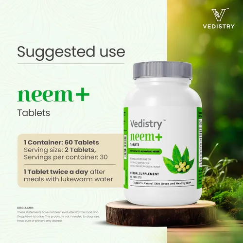 Vista 5 de Vedistry Suplementos de hojas de neem Tabletas de hojas de neem de 1100 mg que apoyan la piel clara, la desintoxicación y la salud inmunológica