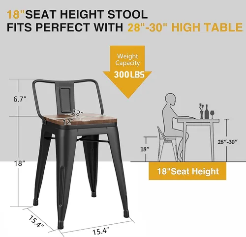 Vista 2 de Yongchuang - Juego de 4 taburetes de bar de 18" de metal apilables, taburetes cortos para aula, cocina, comedor, sillas con parte superior de madera