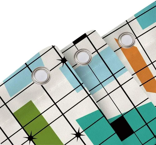Vista 4 de Cortinas de cocina de mediados de siglo, estética, abstracta, geométrica, verde azulado, retro, cuadrícula, Starbursts de los años 50, 1960, juego