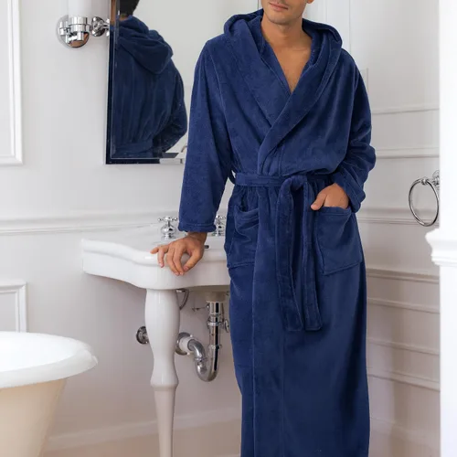 Vista 2 de Alexander Del Rossa Bata de baño de vellón afelpado suave, con capucha, para hombre, bata larga y cálida