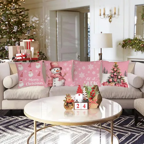Vista 5 de Fundas de Almohada Feliz Navidad 12x12 Juego de 4 Fundas de Almohada de Terciopelo de Navidad Rosa Navidad Invierno Vacaciones Fundas de Almohada