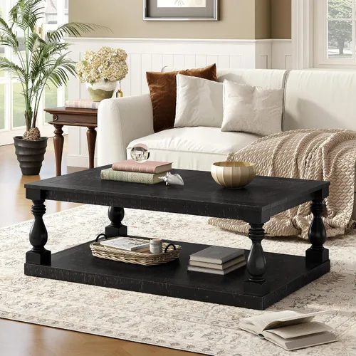 Vista 3 de P PURLOVE Mesa de centro de madera maciza, moderna mesa de centro de granja con rectángulo de almacenamiento para sala de estar, color negro