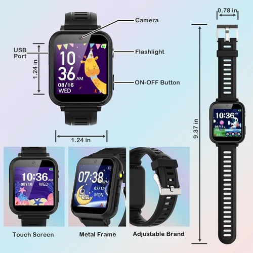 Vista 6 de Reloj inteligente AIWIEP para niños con 24 juegos, pantalla táctil, reproductor de música, cámara, reloj despertador, calculadora, linterna, 12/24