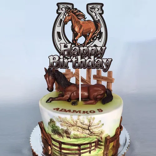 Vista 3 de Decoración para pastel de cumpleaños con temática de caballos de granja de animales, decoración de fiesta de cumpleaños de caballos de carreras