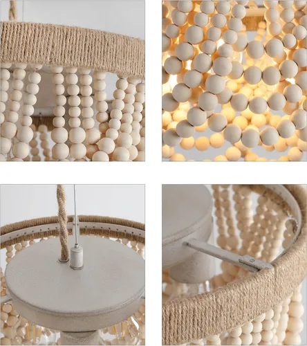 Vista 8 de AMZASA - Lámpara colgante enchufable estilo bohemio con cuerda de cáñamo tejida, perlas de madera, lámpara colgante rústica para casa de campo