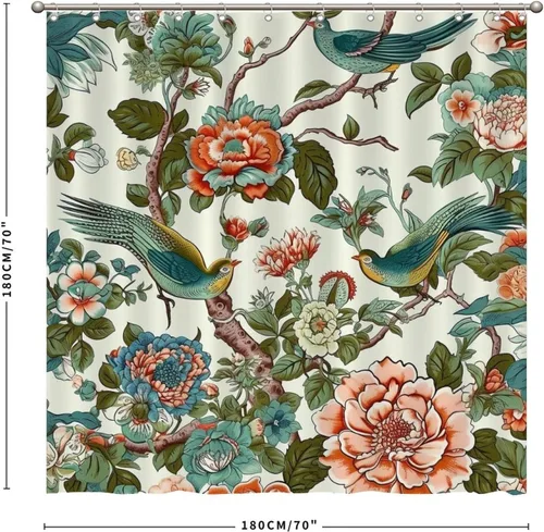 Vista 8 de Cortina de ducha de poliéster con diseño de peonía roja, diseño de flores, animales, pájaros, cortina de baño con diseño de flores de coral, cortina