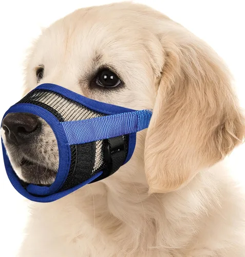 Vista 10 de Mayerzon Bozal para perro, bozales de malla transpirable para cachorros con gancho y bucle ajustables para perros pequeños, medianos y grandes