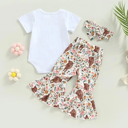 Vista 4 de Conjunto de ropa de bebé occidental para niñas, con estampado de vaca, pantalón y diadema