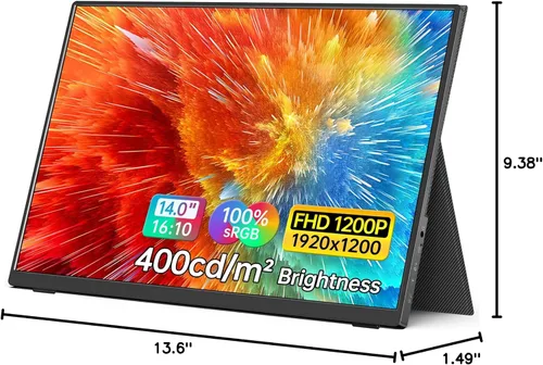 Vista 9 de MNN Monitor portátil de 14 pulgadas FHD 1920 * 1200P USB C HDMI Ultradelgado IPS para viajes con altavoces, HDR Plug&Play, monitor externo