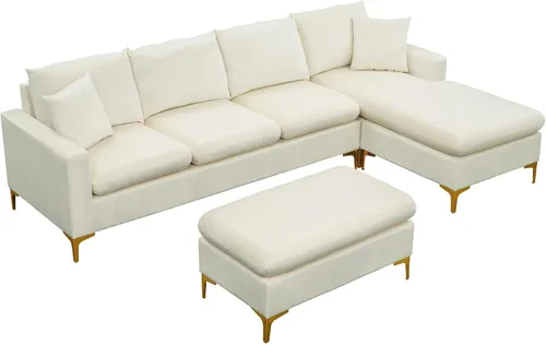 Vista 9 de Sofá modular de 110.6 pulgadas con otomana, elegante sofá tapizado de terciopelo en forma de L con 2 almohadas para sala de estar y apartamento
