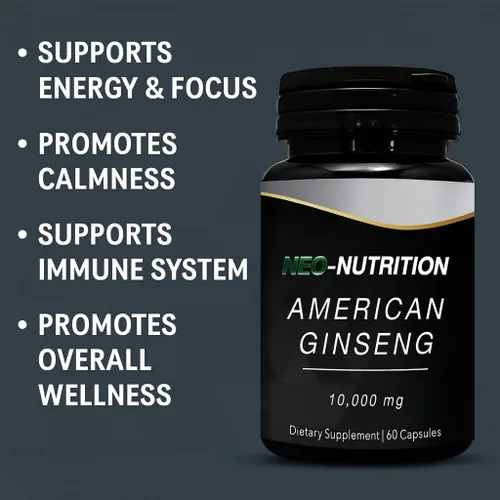 Vista 2 de AMERICAN GINSENG 10,000 mg de extracto de raíz de ginseng en polvo, píldoras de energía y enfoque para hombres y mujeres, potente raíz de ginseng