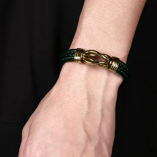 Vista 6 de Pulsera de cuero para hombre, pulsera de acero inoxidable, hebilla magnética para hombre