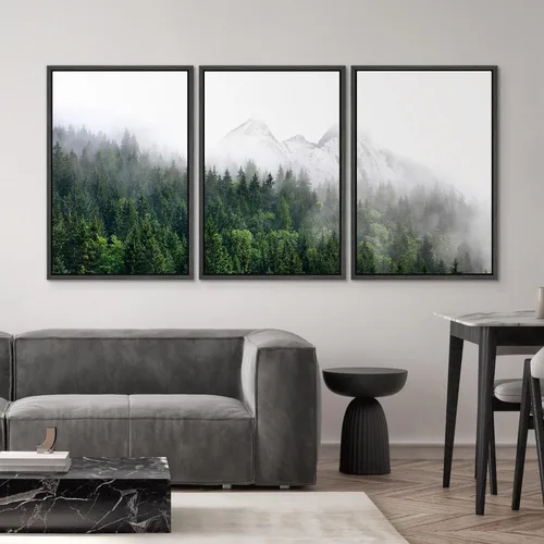 Vista 594 de SIGNWIN Lienzo enmarcado para pared, juego de arte pastel con cadena montañosa, bosque, niebla, naturaleza silvestre, ilustraciones modernas, arte