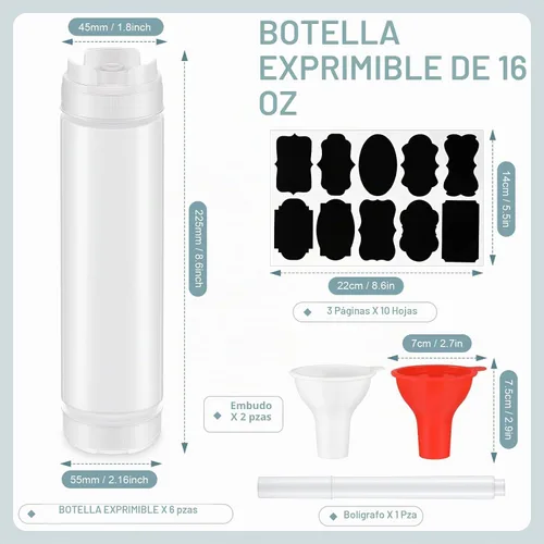 Vista 4 de Sabary 6 botellas exprimibles de condimentos de 16 onzas para salsa, botellas de plástico invertidas con calcomanías y embudo, válvula grande sin