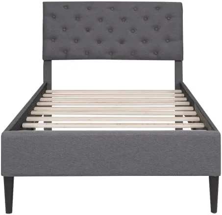 Vista 6 de Marco de cama de plataforma de tamaño individual, marco de cama tapizado de lino de diseño moderno con cabecera copetuda, cama de almacenamiento