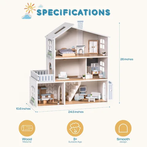 Vista 7 de ROBOTIME Casa de muñecas de madera, casa de muñecas de madera con 29 muebles, 6 habitaciones para muñecas de 4 a 6 pulgadas, regalo para niños a