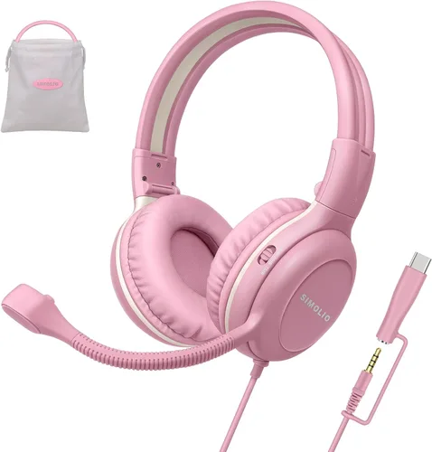 Vista 9 de SIMOLIO Audífonos para niños con micrófono para la escuela, auriculares con cable de 75/85/94 dB con micrófono retráctil para iPad, PC, laptop