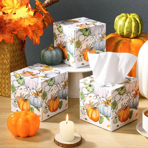 Vista 2 de Yeaqee Paquete de 6 cajas de pañuelos faciales de calabaza de Acción de Gracias de 2 capas, 480 hojas de papel de otoño facial grandes cuadrados