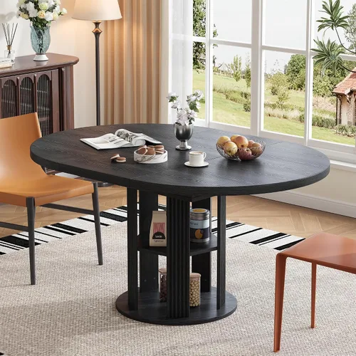 Vista 3 de Mesa de comedor extensible para 4-6, mesa de comedor ovalada de 43.3 a 59 pulgadas con estante de almacenamiento de 2 niveles, mesa de cocina