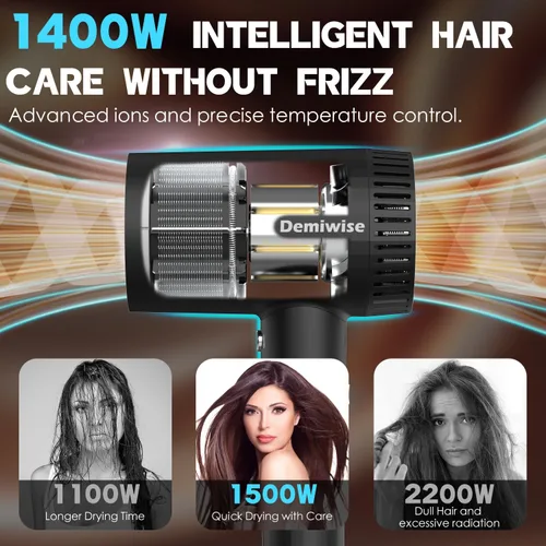 Vista 3 de Secador de pelo de alta velocidad de 110000 RPM para cabello rizado, secador icónico de bajo ruido de 1400 W con difusor y boquilla, secado rápido