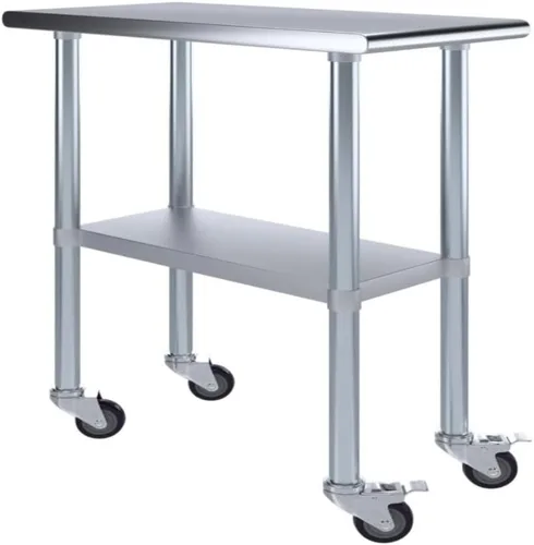 Vista 13 de Mesa de trabajo comercial de acero inoxidable con estante inferior y ruedas (24x72)