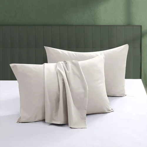 Vista 16 de Juego de 2 protectores de almohada 100% algodón egipcio, 600 hilos tamaño estándar con cremallera, fundas refrescantes de tejido satinado, Beige