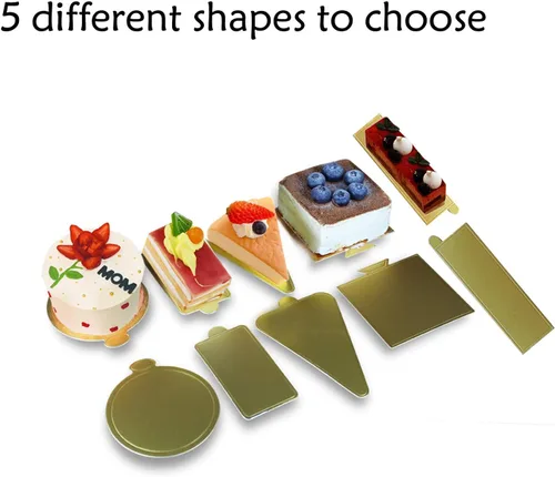 Vista 6 de 100 mini tablas para tartas de 5.12 x 1.57 pulgadas, juego de cartón rectangular dorado de barra larga, base para cupcakes, bandeja para exhibidores