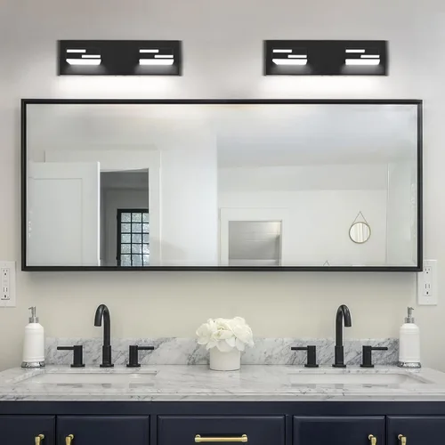 Vista 5 de Lámparas LED modernas para tocador de baño, 2 luces regulables de 15 pulgadas, color negro mate, para accesorios de iluminación de baño sobre