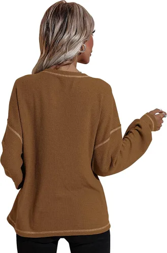 Vista 2 de LAO POPO Women's Long Sleeve Casual Round Neck Sweatshirt Pullover Loose Solid Color Top Pocket T-Shirt