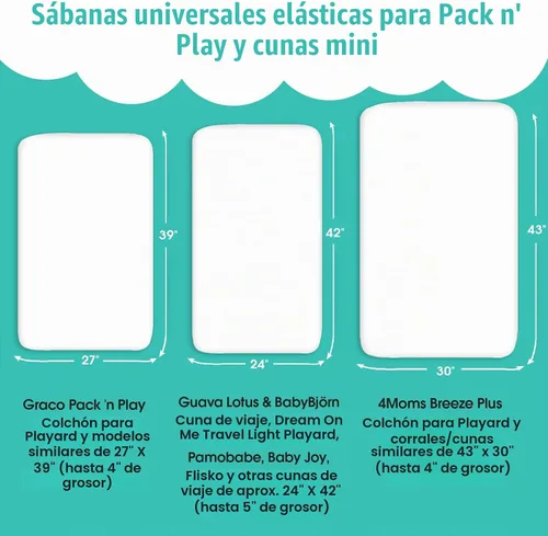Vista 4 de Pack n Play Sheets BROLEX - Juego de 2 sábanas para cuna, juego de sábanas elásticas y portátiles para cuna, funda de colchón convertible
