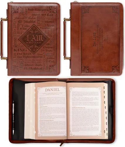 Vista 2 de Christian Art Gifts Funda clásica para biblia para hombres, nombres de Dios, Éxodo 34:6, cuero sintético marrón, mediano