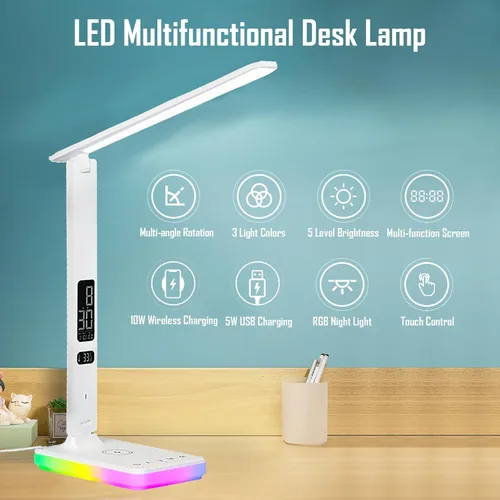 Vista 2 de Lámpara de escritorio LED con carga inalámbrica y por cable, luz de mesa plegable, 5 modos de brillo y 3 modos de iluminación, pantalla de tiempo