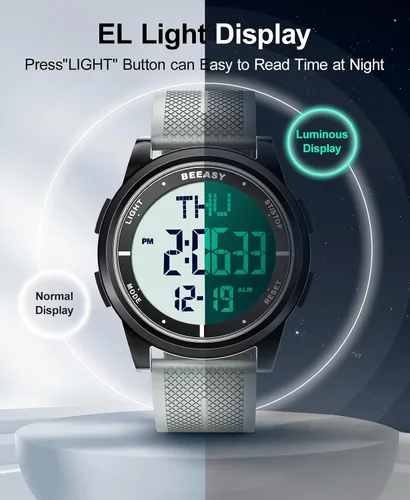 Vista 70 de Beeasy - Reloj digital de pulsera resistente al agua con cronómetro, alarma, cuenta regresiva, doble zona horaria, ultrafino, pantalla angular muy