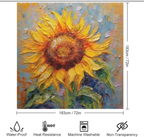 Vista 6 de YLATY2395 - Cortina de ducha de girasol para baño, pintura al óleo, hojas verdes, flores, bohemio, tela amarilla abstracta, moderna, impermeable