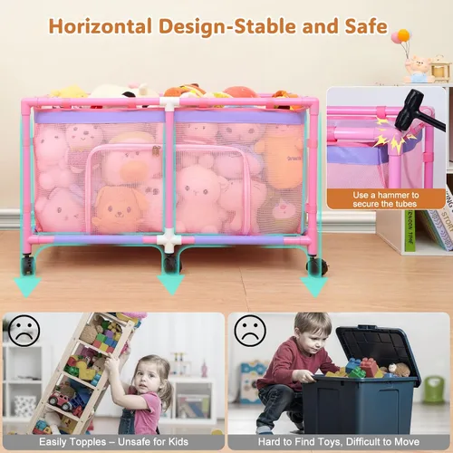 Vista 5 de FIOBEE Caja de juguetes para niñas y niños con malla transparente y ruedas giratorias de 360°, organizador de pecho de juguetes, fácil de instalar
