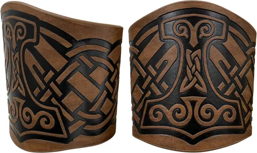 Vista 3 de HiiFeuer 2 pulseras vikingas de piel sintética en relieve, pulsera retro nórdica, patrón nórdico Mjolnir Vegvisir