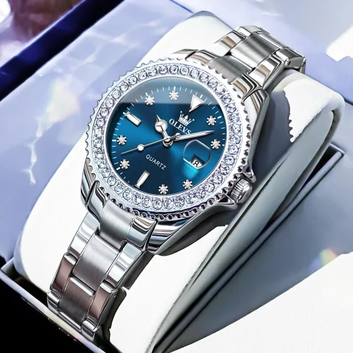 Vista 2 de Relojes OLEVS para Mujer con Diamantes y Fecha, de Lujo, de Cuero, Impermeable, de Pulsera, Reloj Analógico de Vestir, de Acero Inoxidable