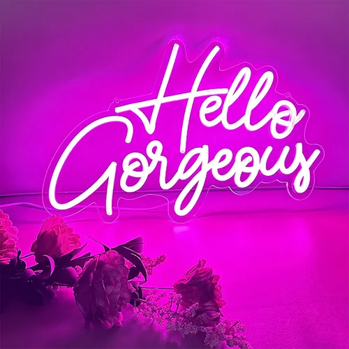 Vista 3 de Letrero de neón LED con texto en inglés «Hello Gorgeous LED», luz nocturna de neón para pared, fiesta de cumpleaños, boda, bar, club, decoración