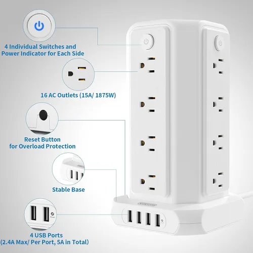 Vista 2 de Torre de regleta de alimentación de cable de extensión de 10 pies, 16 tomas amplias de 1875 W, 15 A, protector de sobretensiones de enchufe plano
