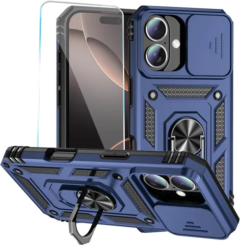 Vista 5 de Funda para teléfono SunStory para iPhone 11 con protector de pantalla HD y cubierta deslizante para la cámara y soporte giratorio con anillo