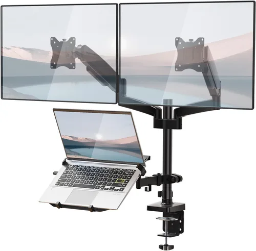 Vista 14 de WALI Soporte para laptop y monitor, soporte para monitor totalmente ajustable y bandeja para laptop para 1 portátil de hasta 17 pulgadas y 1